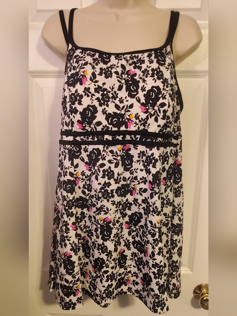 Black & White Floral Swimdress With Cute Bow